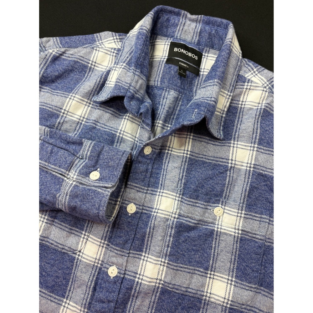 BONOBOS Mens Blue White Plaid Flannel Fit Long Sleeve Button Up Shirt Size L
